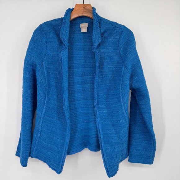 Chicos 1 Womens Blue Textured Open Front cardigan Jacket Size Medium cotton - Picture 2 of 15